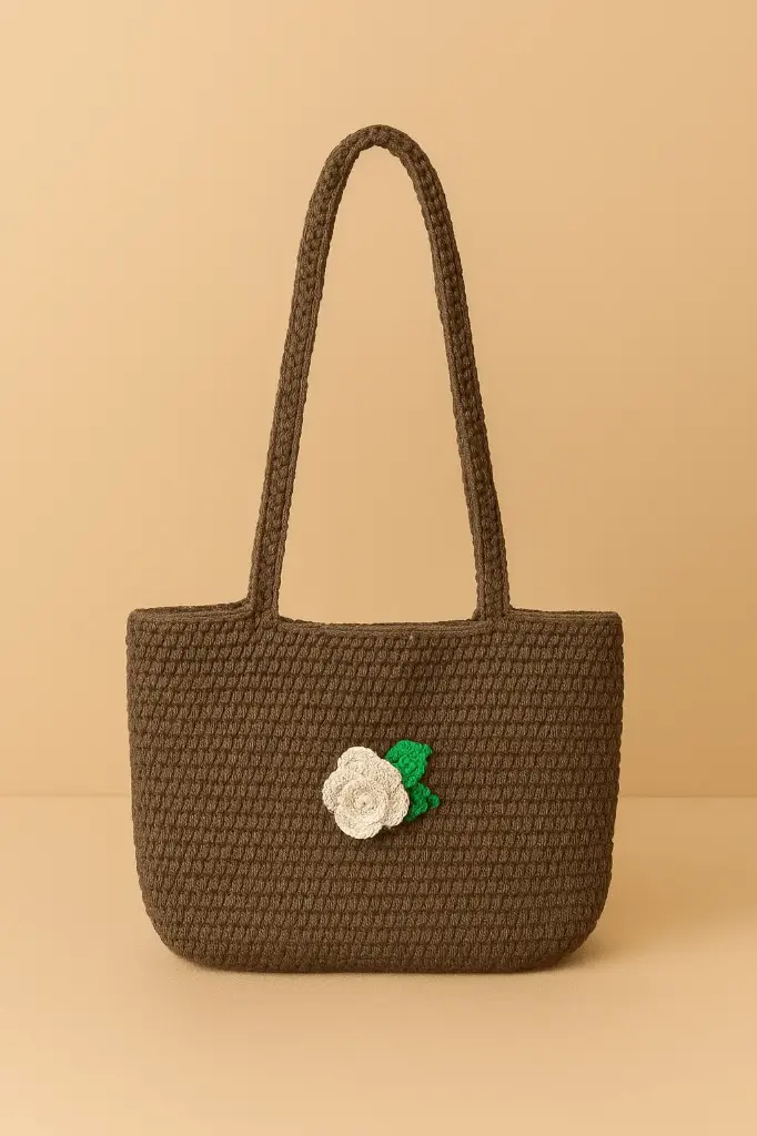 Crochet Shopping Hand bag_Brown plain