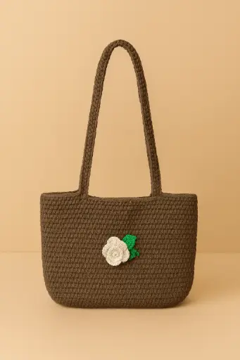 Crochet Shopping Hand bag_Brown plain